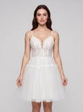 Ivory Lace A-Line V-Neck Lace-up Short Dress with Tulle Skirt
