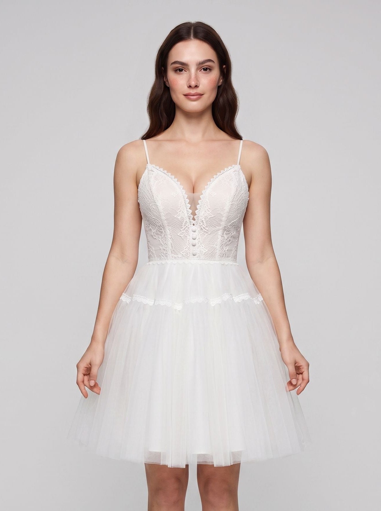 Ivory Lace A-Line V-Neck Lace-up Short Dress with Tulle Skirt