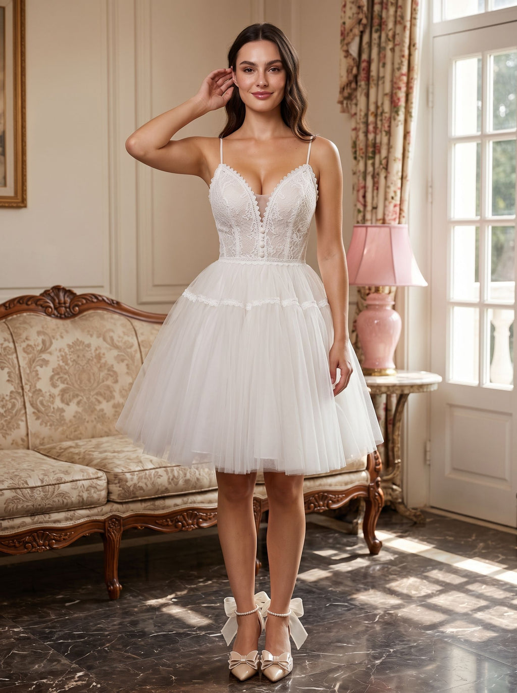 Ivory Lace A-Line V-Neck Lace-up Short Dress with Tulle Skirt