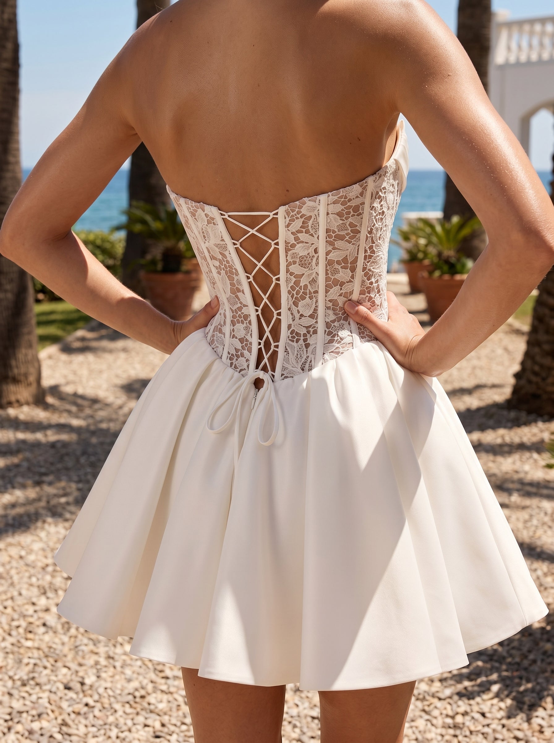 Ivory Lace A-Line Straight Neck Lace-up Short Dress with Bubble Skirt
