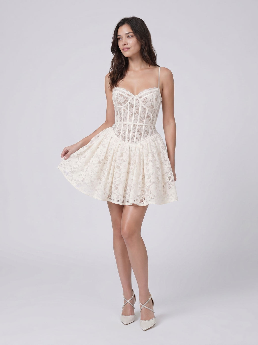 Ivory Lace A-Line Sweetheart Back Zip Short Dress with Ruffle Trim
