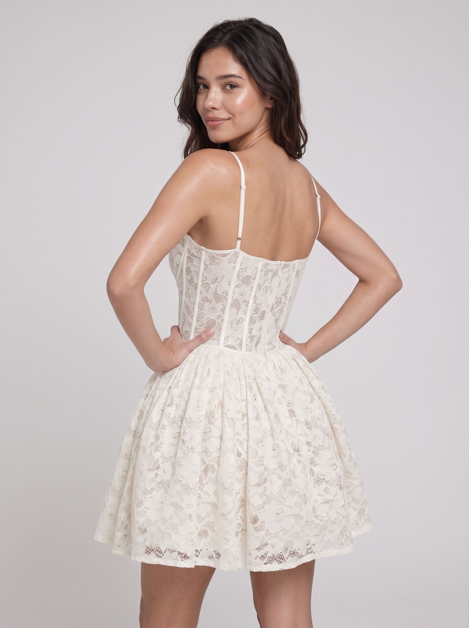 Ivory Lace A-Line Sweetheart Back Zip Short Dress with Ruffle Trim
