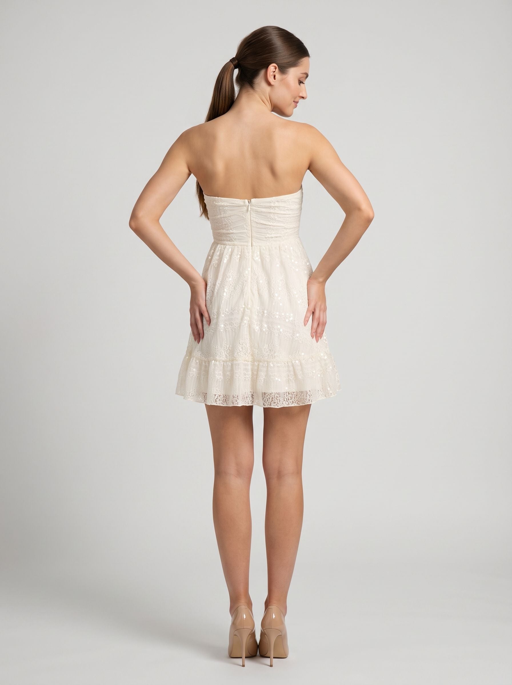 Ivory Lace A-Line Sweetheart Back Zip Short Dress with Cutout