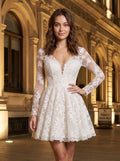 Ivory Lace A-Line V-Neck Illusion Mini Dress with Long Sleeves