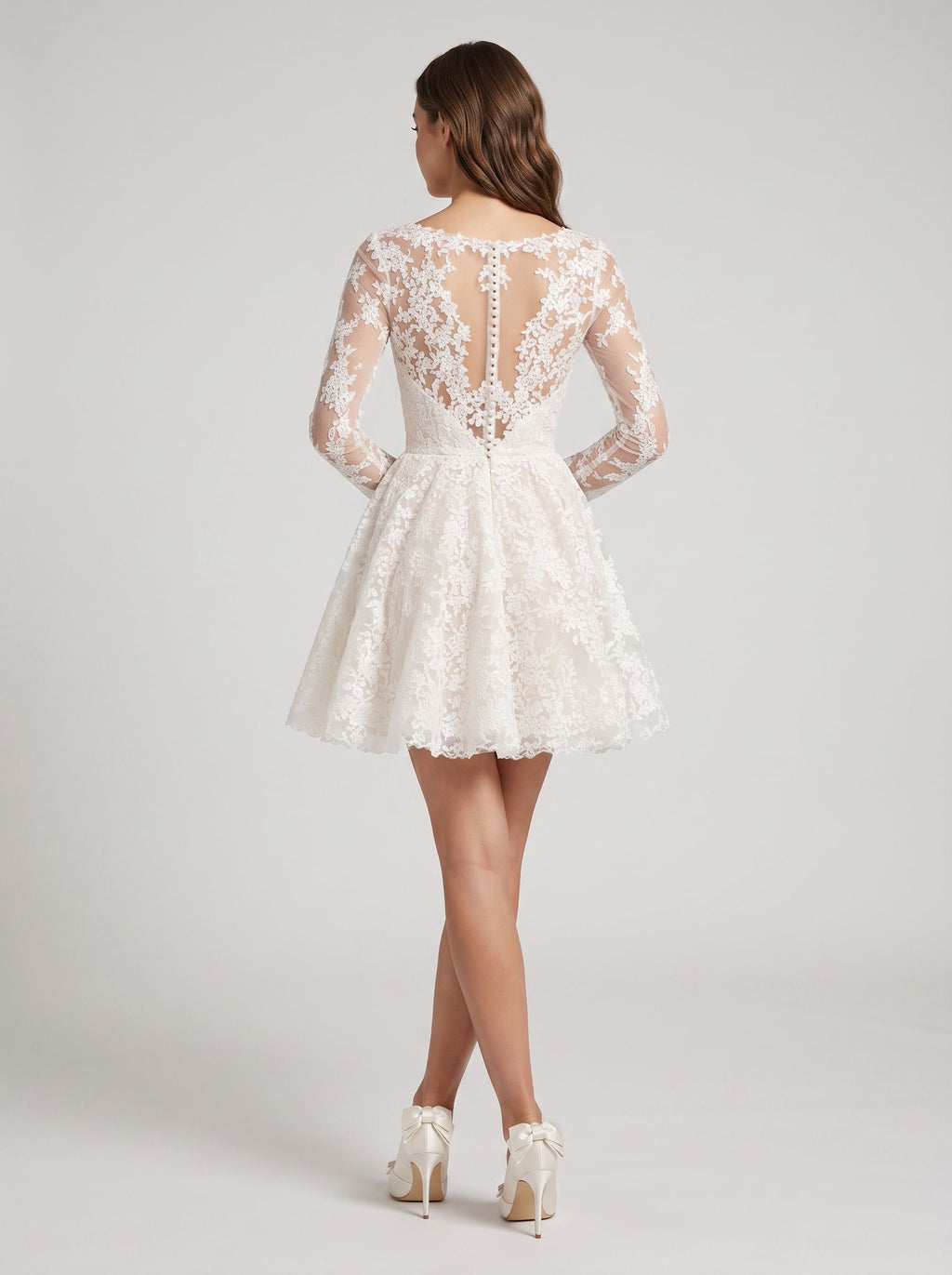 Ivory Lace A-Line V-Neck Illusion Mini Dress with Long Sleeves