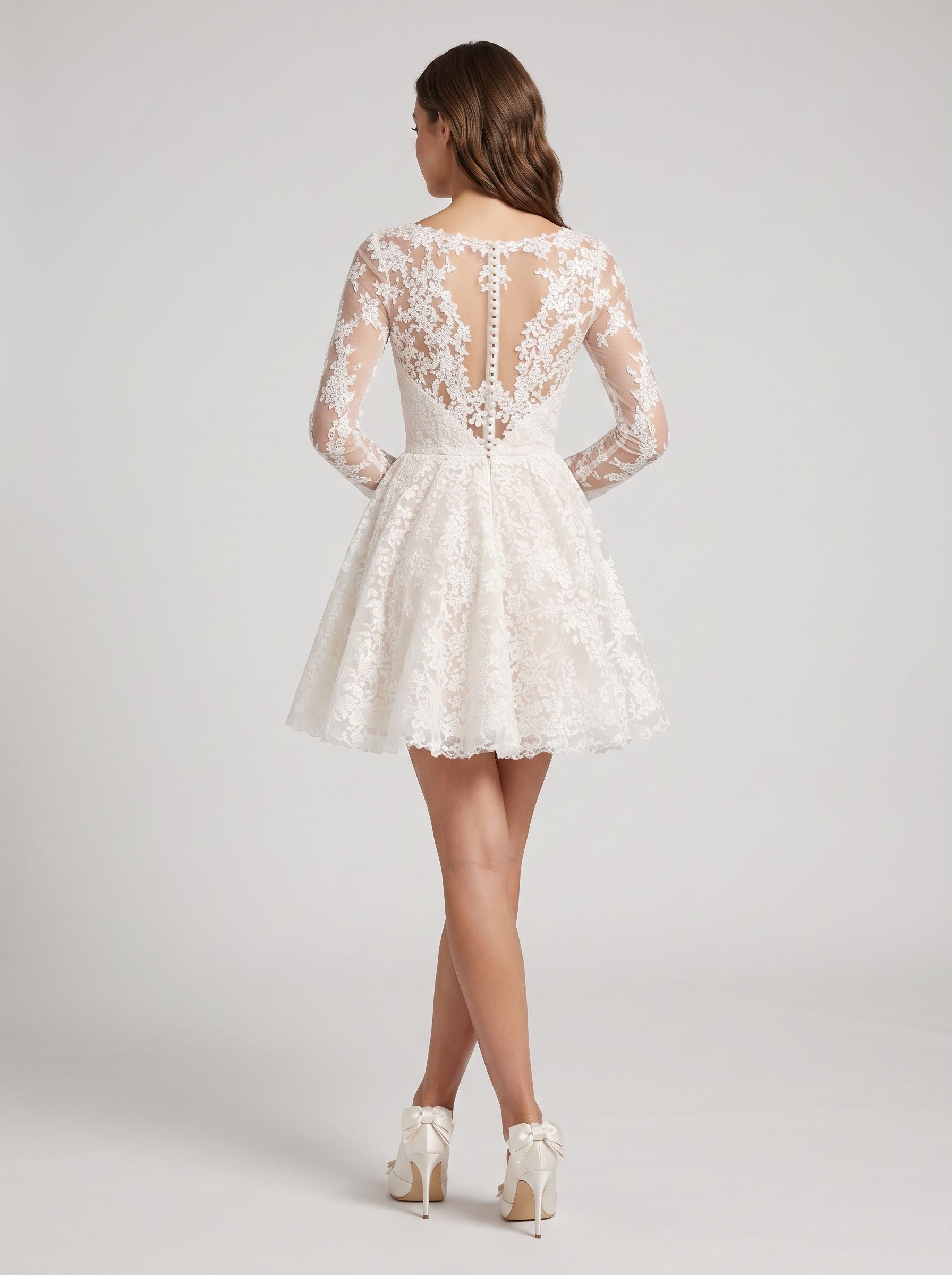 Ivory Lace A-Line V-Neck Illusion Mini Dress with Long Sleeves