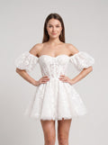 Ivory Lace A-Line Off-the-Shoulder Back Zip Short Dress with Scalloped Lace Trim