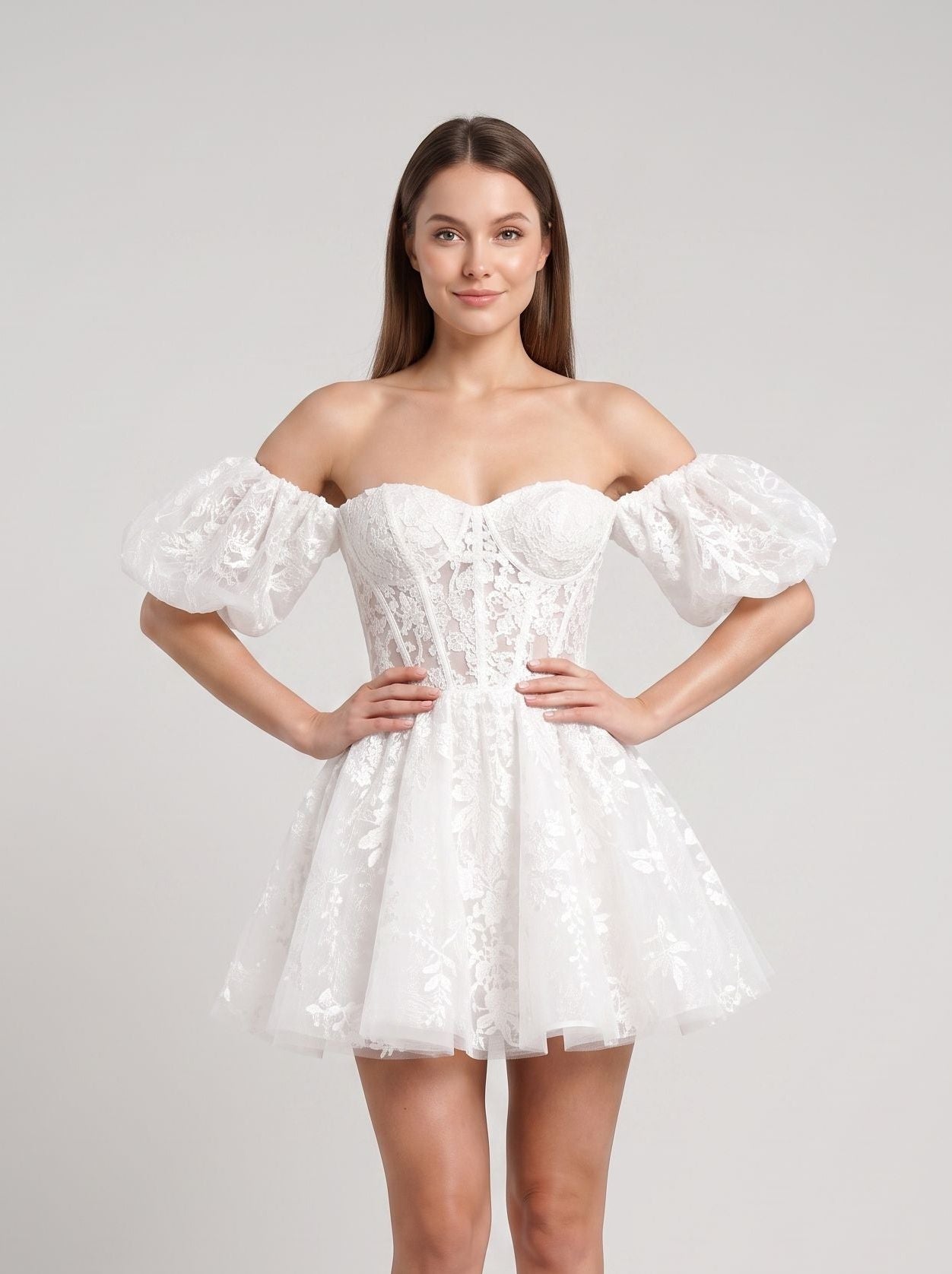 Ivory Lace A-Line Off-the-Shoulder Back Zip Short Dress with Scalloped Lace Trim