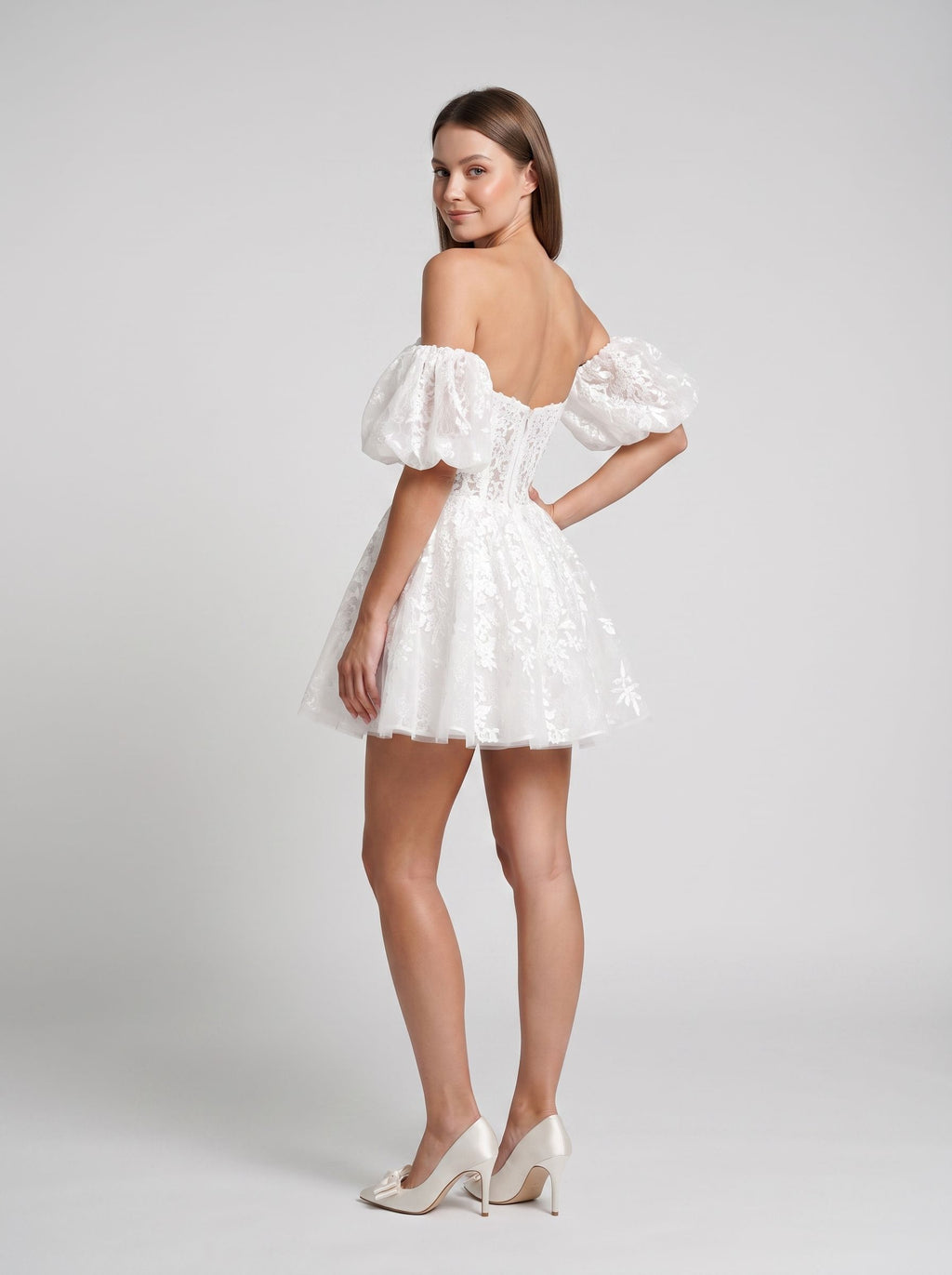Ivory Lace A-Line Off-the-Shoulder Back Zip Short Dress with Scalloped Lace Trim