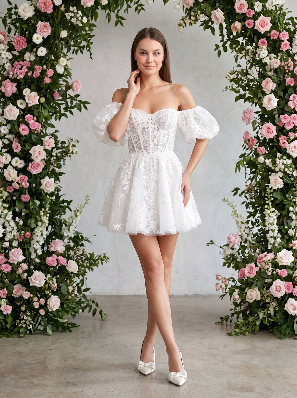 Ivory Lace A-Line Off-the-Shoulder Back Zip Short Dress with Scalloped Lace Trim