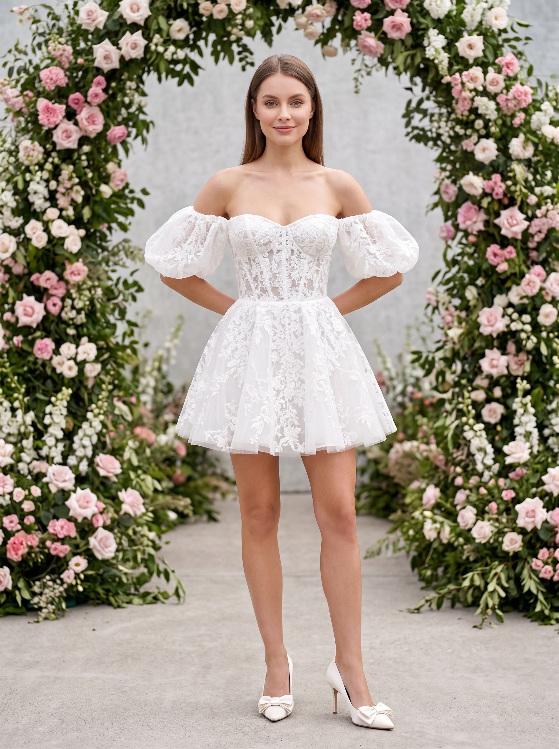 Ivory Lace A-Line Off-the-Shoulder Back Zip Short Dress with Scalloped Lace Trim