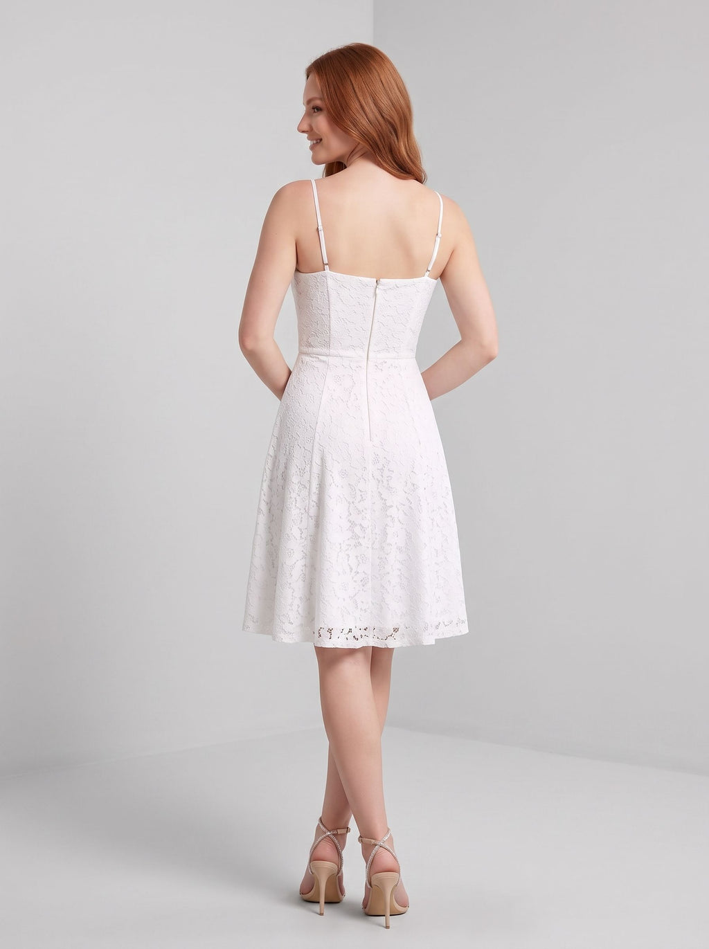 Ivory Lace A-Line Square Neck Back Zip Mini Dress with Floral Lace Overlay