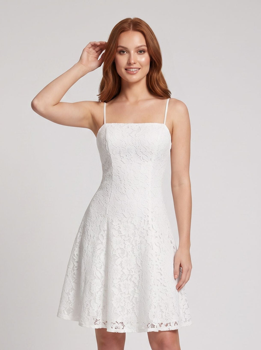 Ivory Lace A-Line Square Neck Back Zip Mini Dress with Floral Lace Overlay
