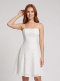 Ivory Lace A-Line Square Neck Back Zip Mini Dress with Floral Lace Overlay