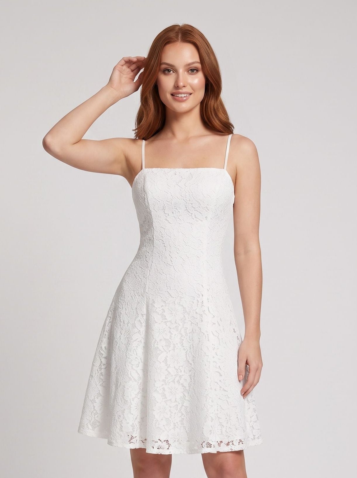 Ivory Lace A-Line Square Neck Back Zip Mini Dress with Floral Lace Overlay