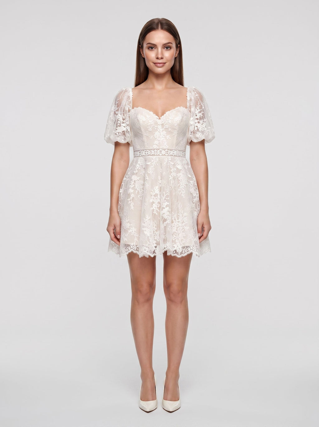Ivory Lace A-Line Sweetheart Back Zip Short Dress with Puff Sleeves and Scalloped Hem