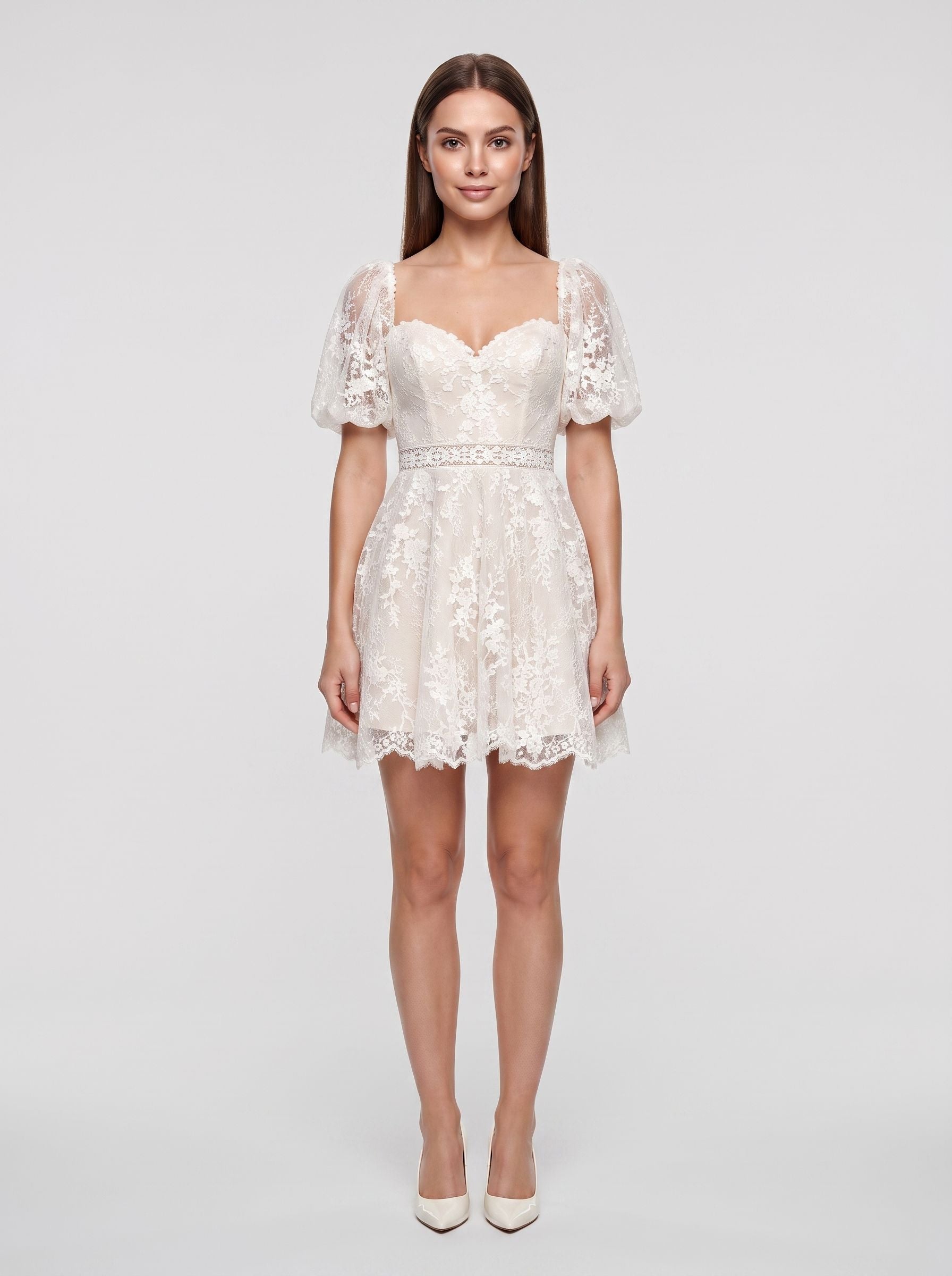 Ivory Lace A-Line Sweetheart Back Zip Short Dress with Puff Sleeves and Scalloped Hem