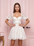 Ivory Lace A-Line Sweetheart Back Zip Short Dress with Puff Sleeves and Scalloped Hem