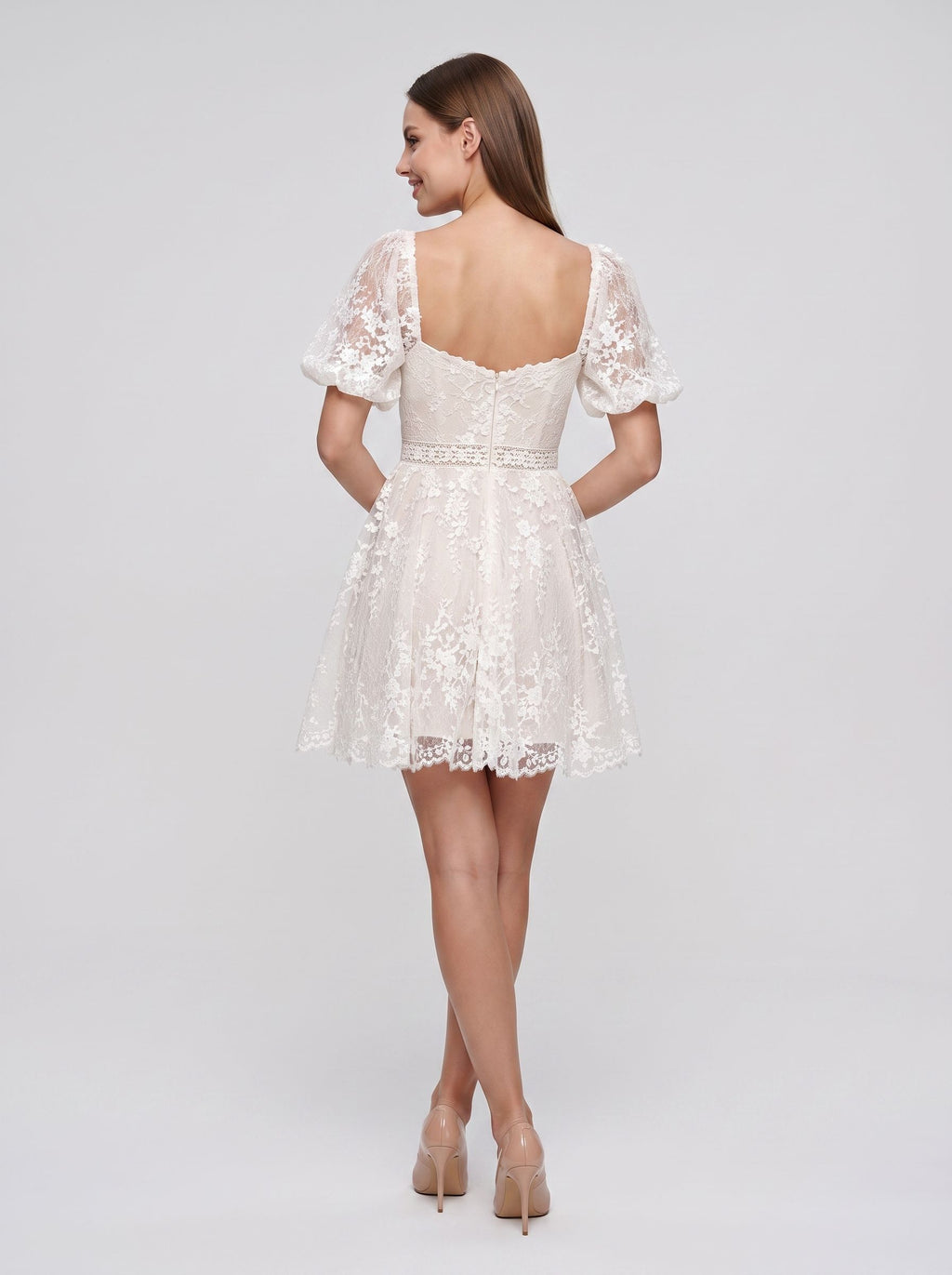 Ivory Lace A-Line Sweetheart Back Zip Short Dress with Puff Sleeves and Scalloped Hem