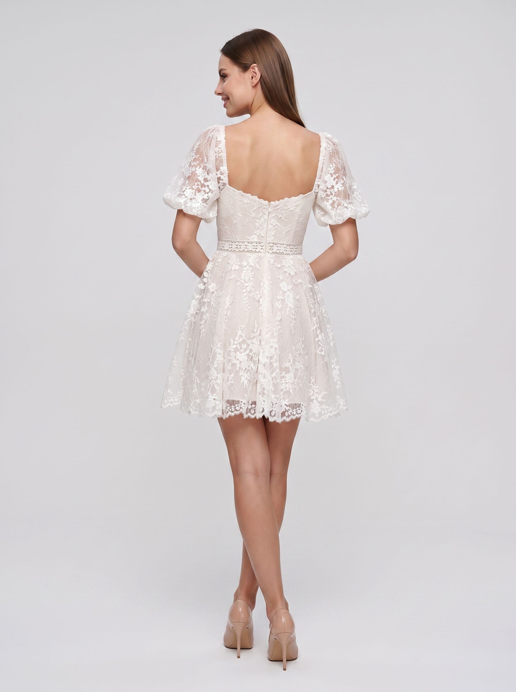 Ivory Lace A-Line Sweetheart Back Zip Short Dress with Puff Sleeves and Scalloped Hem