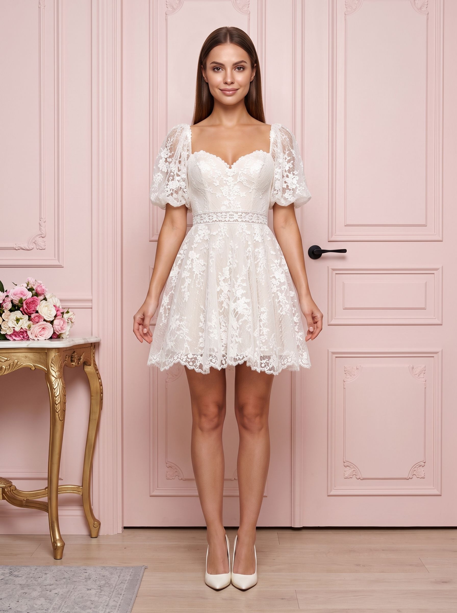 Ivory Lace A-Line Sweetheart Back Zip Short Dress with Puff Sleeves and Scalloped Hem
