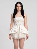 Ivory Lace A-Line Straight Neck Bow Mini Dress with Lace-up waist