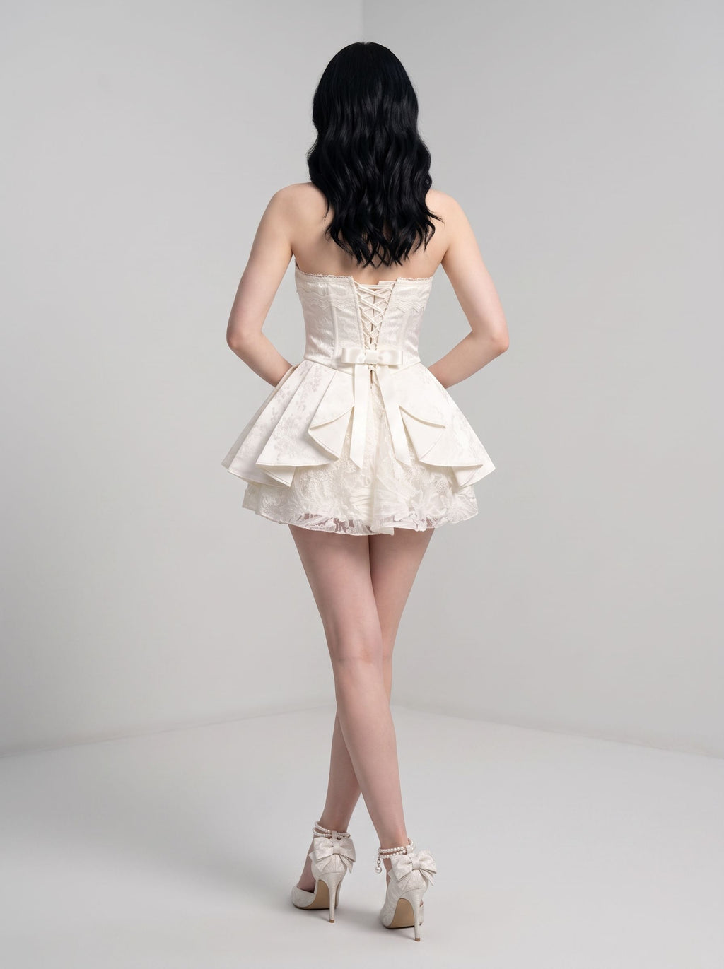 Ivory Lace A-Line Straight Neck Bow Mini Dress with Lace-up waist