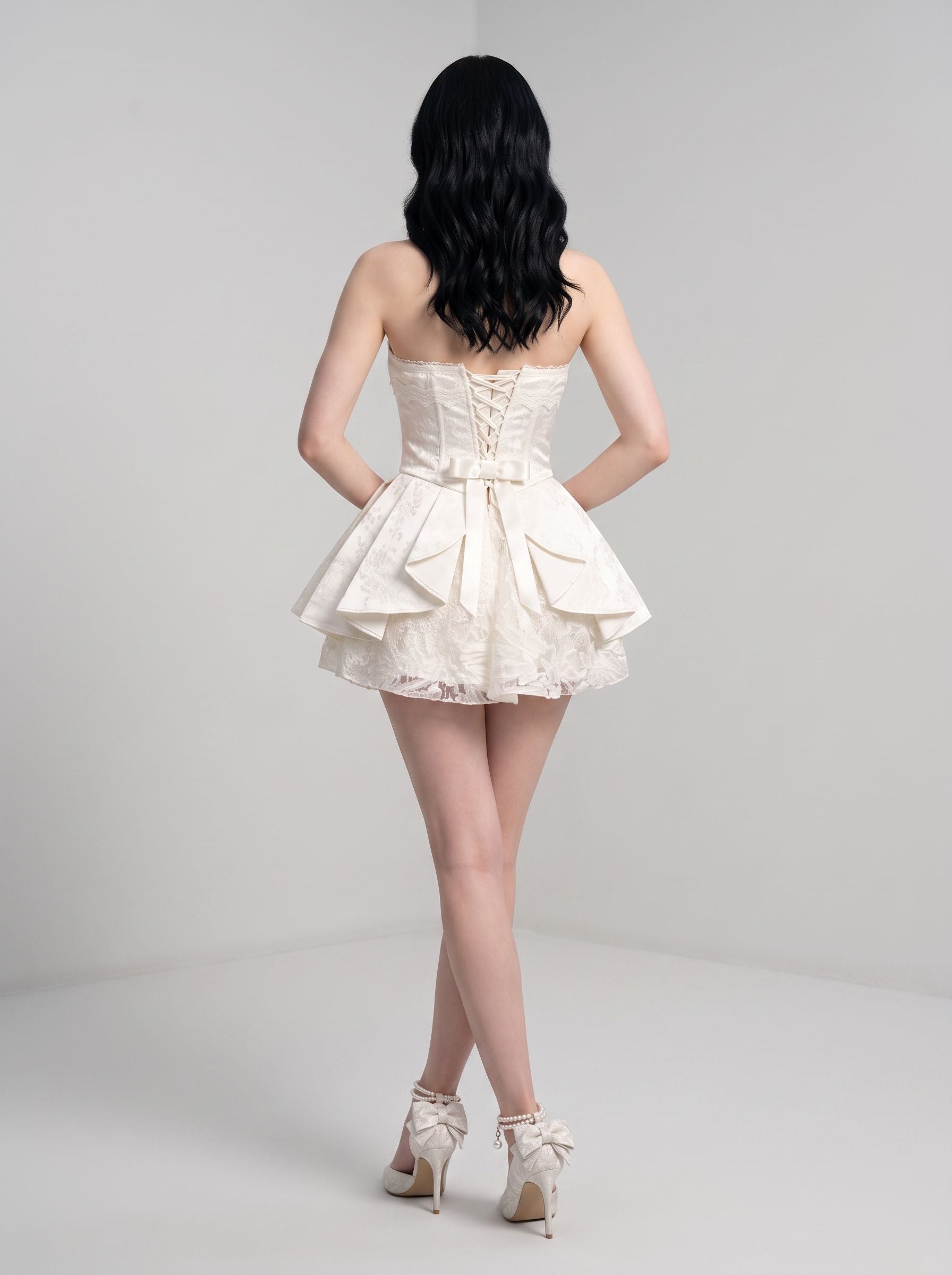 Ivory Lace A-Line Straight Neck Bow Mini Dress with Lace-up waist