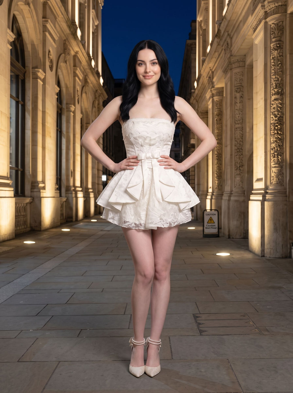 Ivory Lace A-Line Straight Neck Bow Mini Dress with Lace-up waist