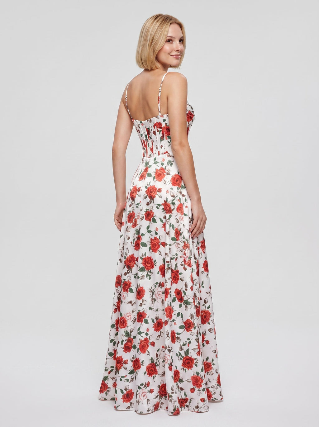 Red Print Satin A-Line Straight Neck Corset Back Floor-Length Dress with Side Slit