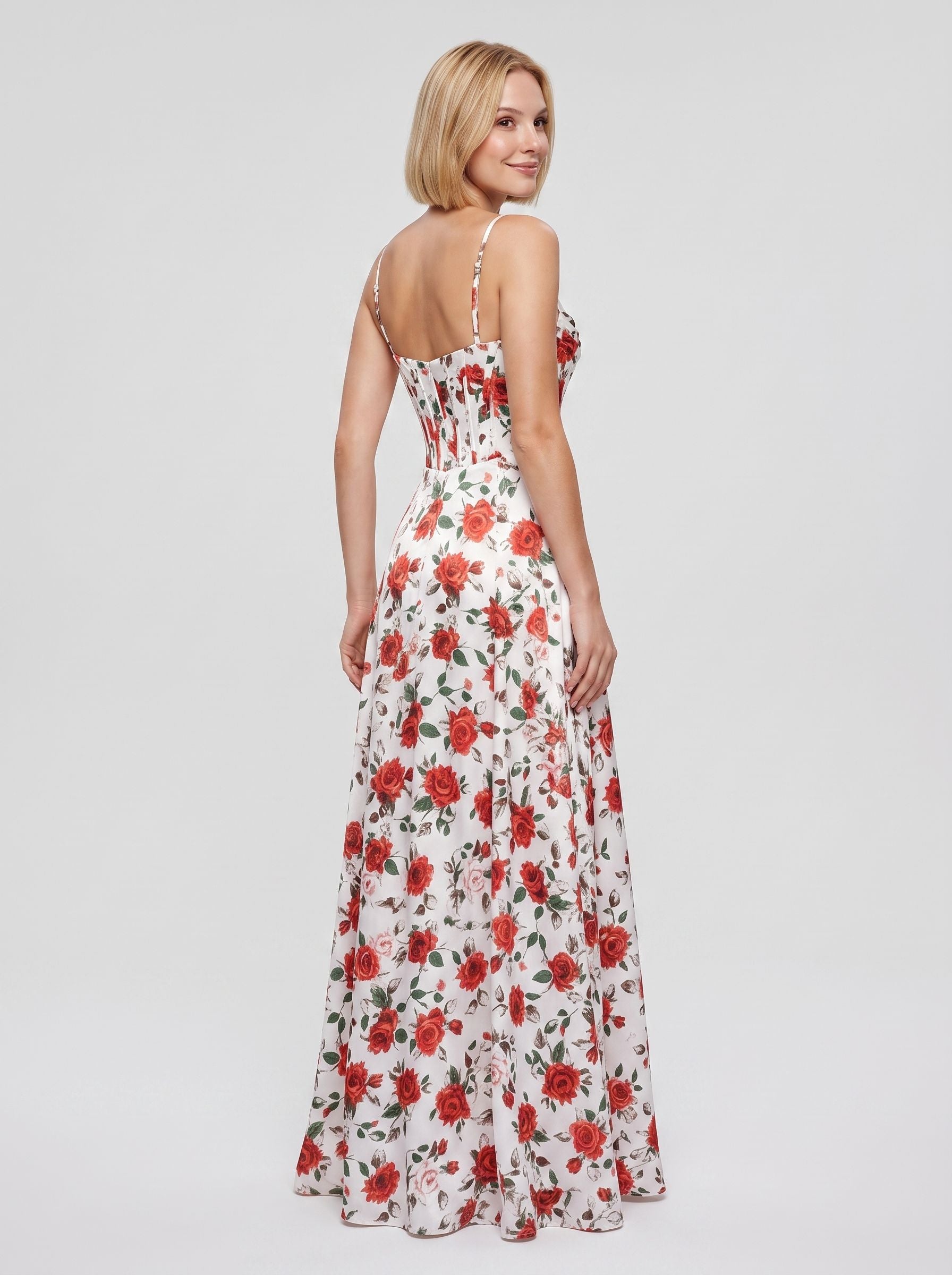 Red Print Satin A-Line Straight Neck Corset Back Floor-Length Dress with Side Slit