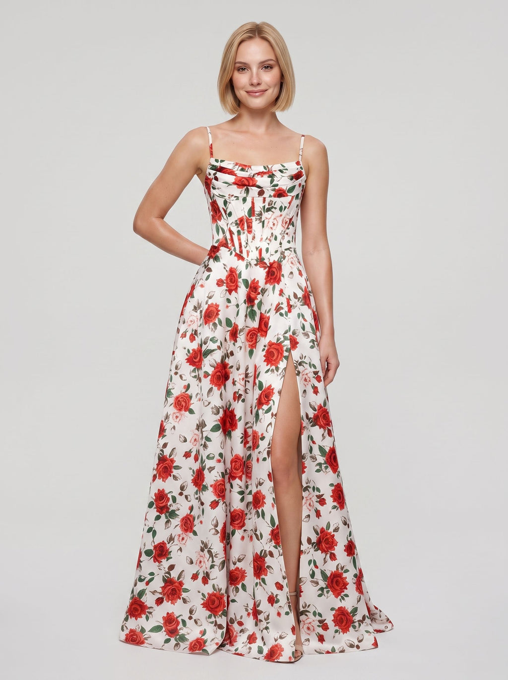 Red Print Satin A-Line Straight Neck Corset Back Floor-Length Dress with Side Slit