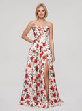 Red Print Satin A-Line Straight Neck Corset Back Floor-Length Dress with Side Slit