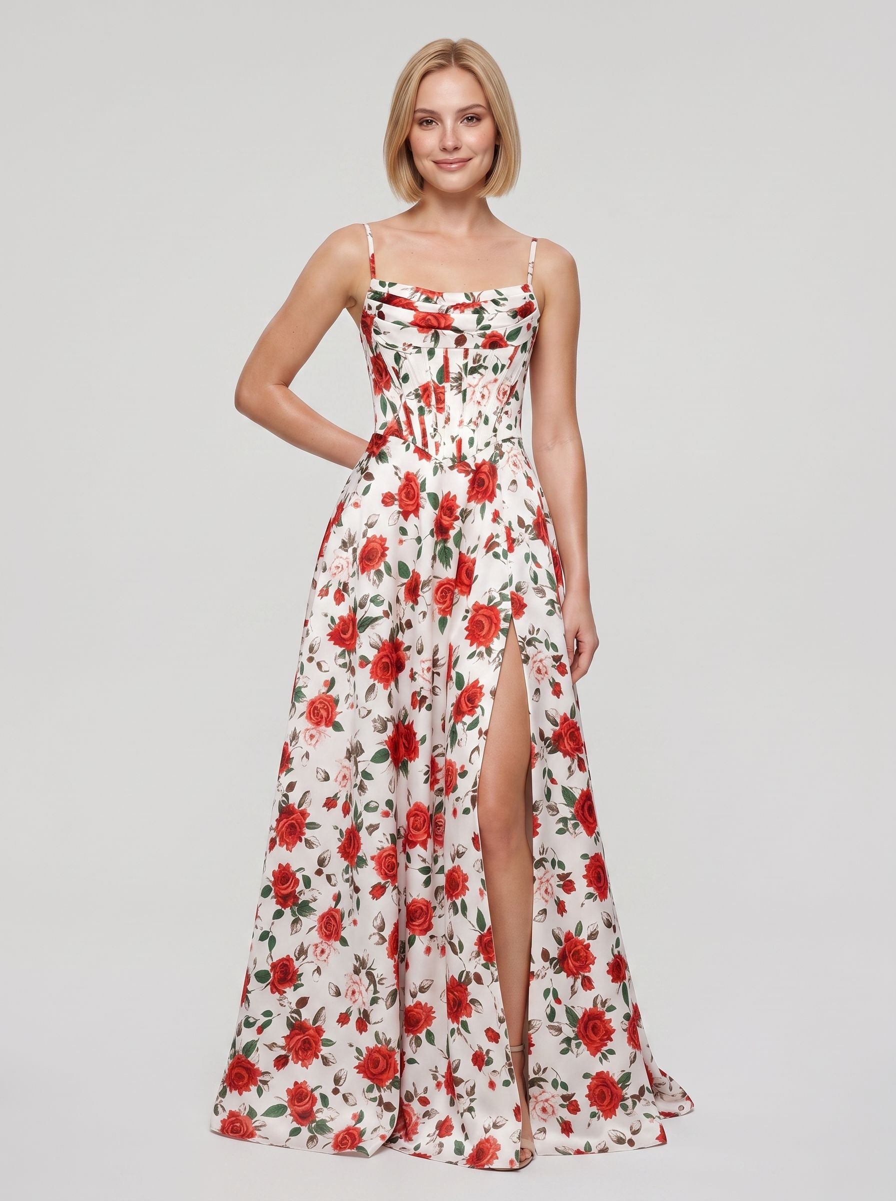 Red Print Satin A-Line Straight Neck Corset Back Floor-Length Dress with Side Slit