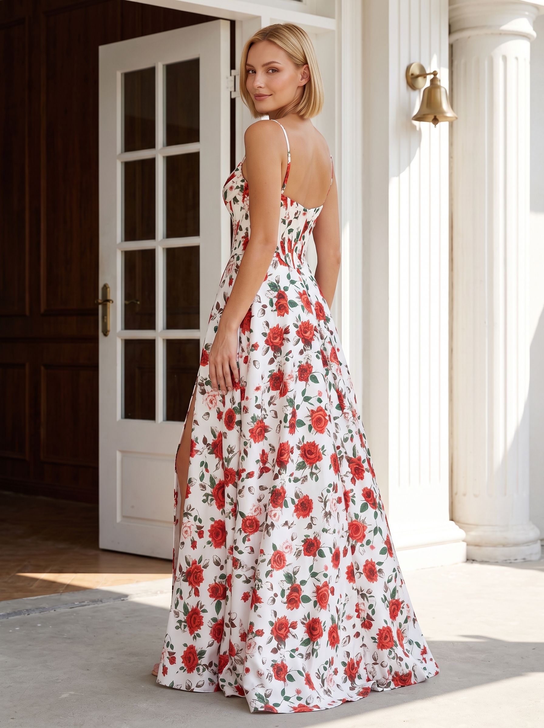 Red Print Satin A-Line Straight Neck Corset Back Floor-Length Dress with Side Slit