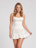 Ivory Satin A-Line Scoop Neck Criss-Cross Straps Short Dress with Ruffle Hem