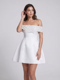 Ivory Satin A-Line Off-the-Shoulder Back Zip Short Dress with Bubble Hem