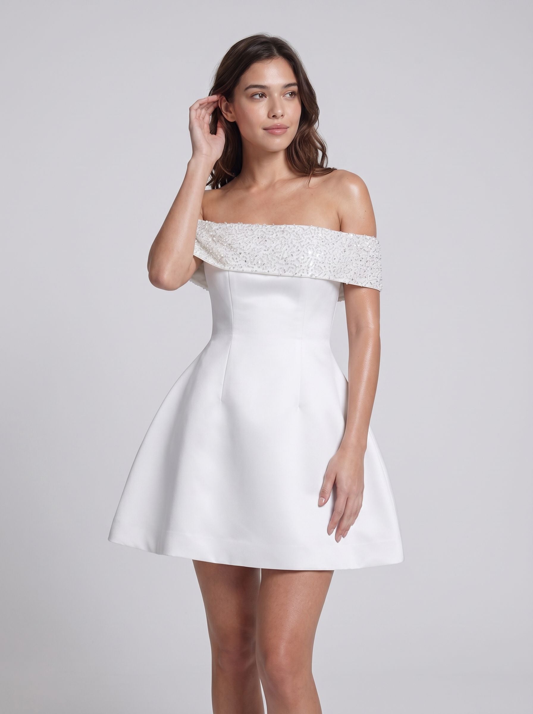 Ivory Satin A-Line Off-the-Shoulder Back Zip Short Dress with Bubble Hem
