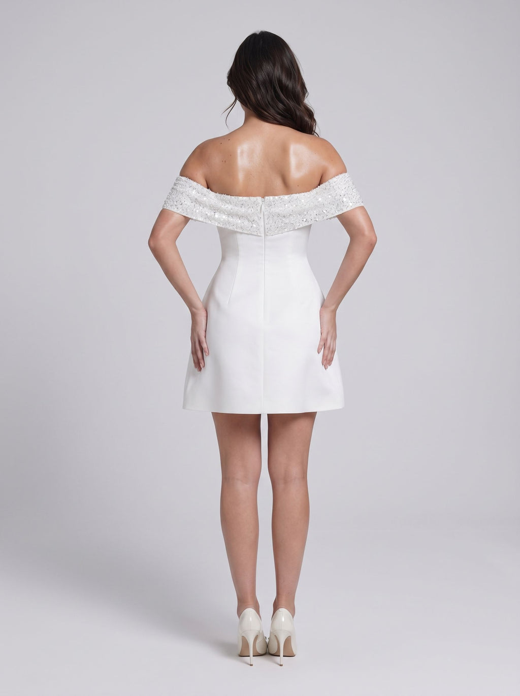 Ivory Satin A-Line Off-the-Shoulder Back Zip Short Dress with Bubble Hem