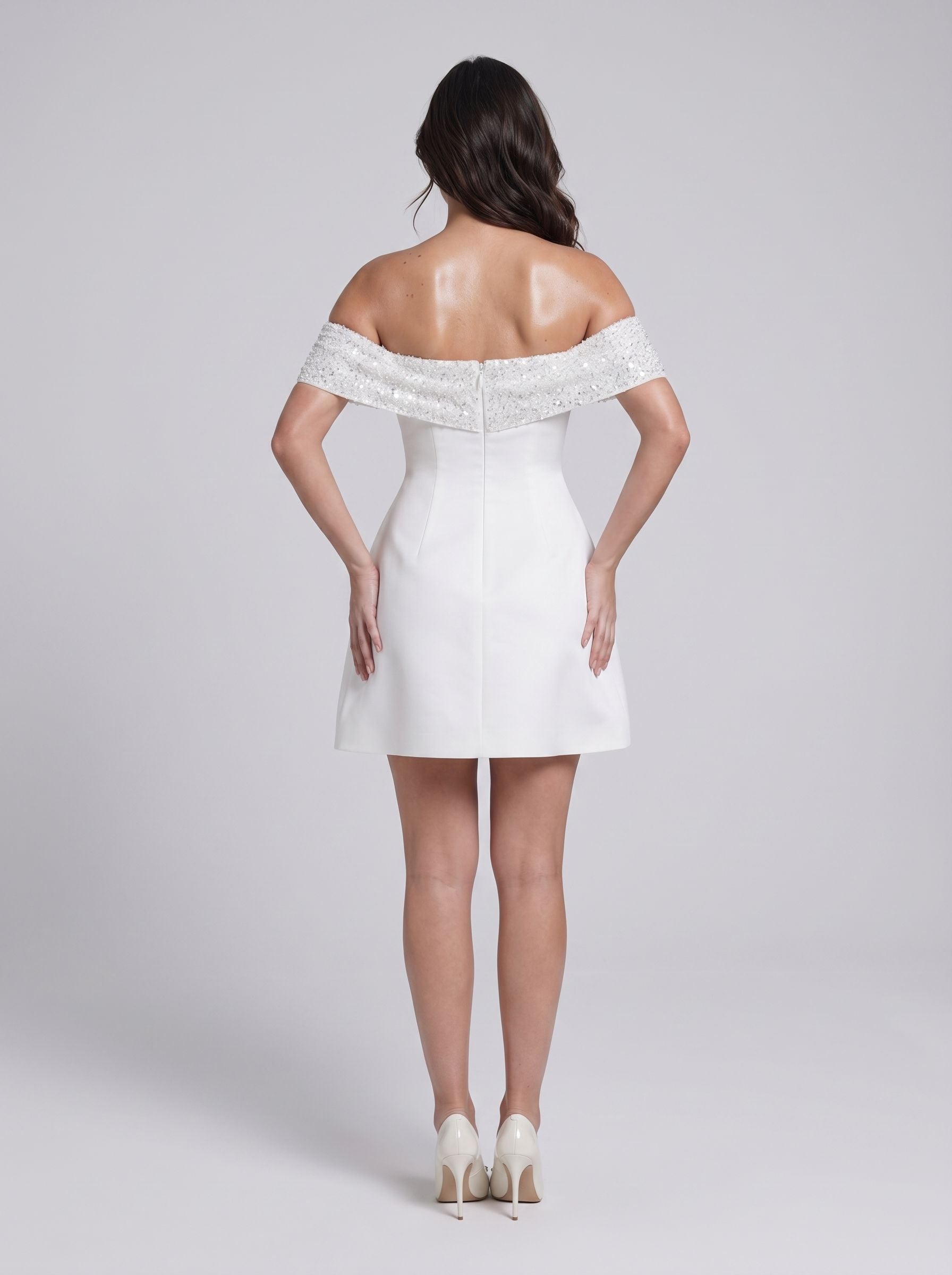 Ivory Satin A-Line Off-the-Shoulder Back Zip Short Dress with Bubble Hem