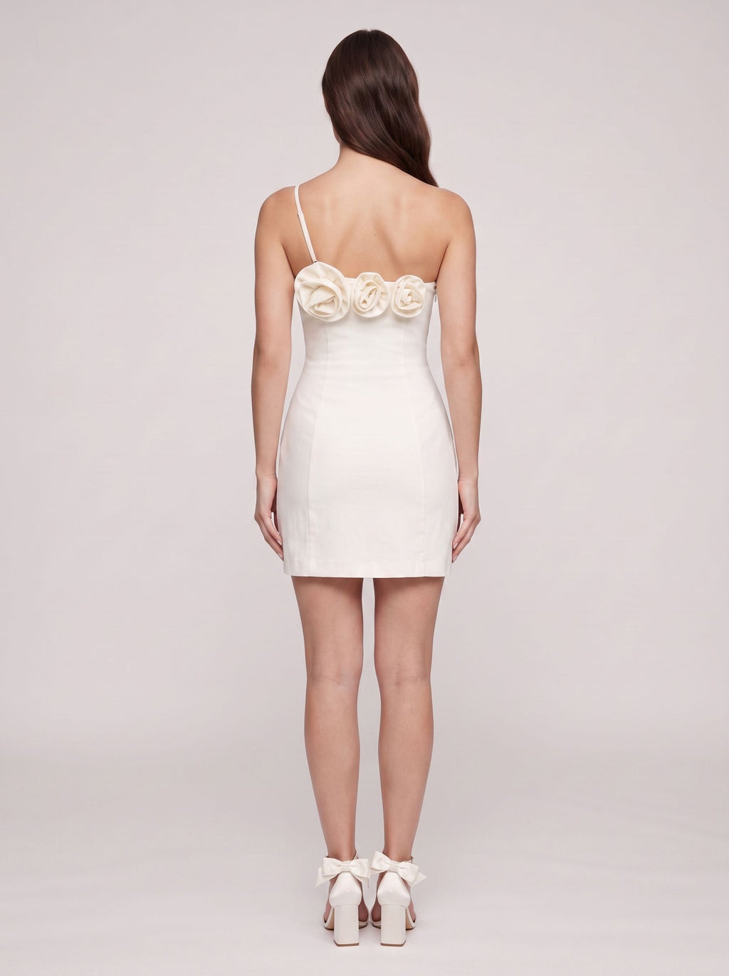 Ivory Matte Satin A-Line One Shoulder Side Zip Short Dress with Rosette