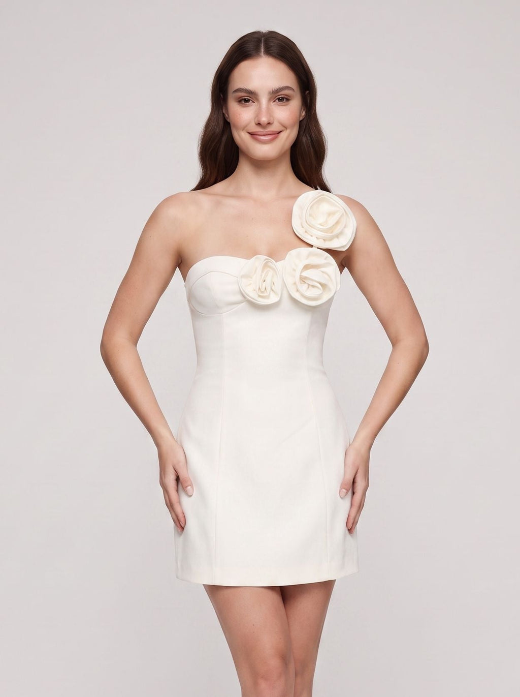 Ivory Matte Satin A-Line One Shoulder Side Zip Short Dress with Rosette