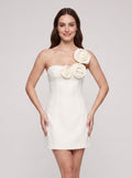Ivory Matte Satin A-Line One Shoulder Side Zip Short Dress with Rosette