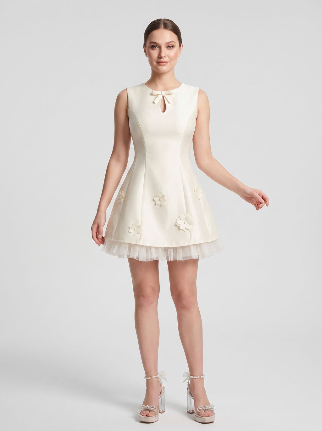 Ivory Satin Tulle A-Line Scoop Neck Back Zip Short Dress with Floral Appliques