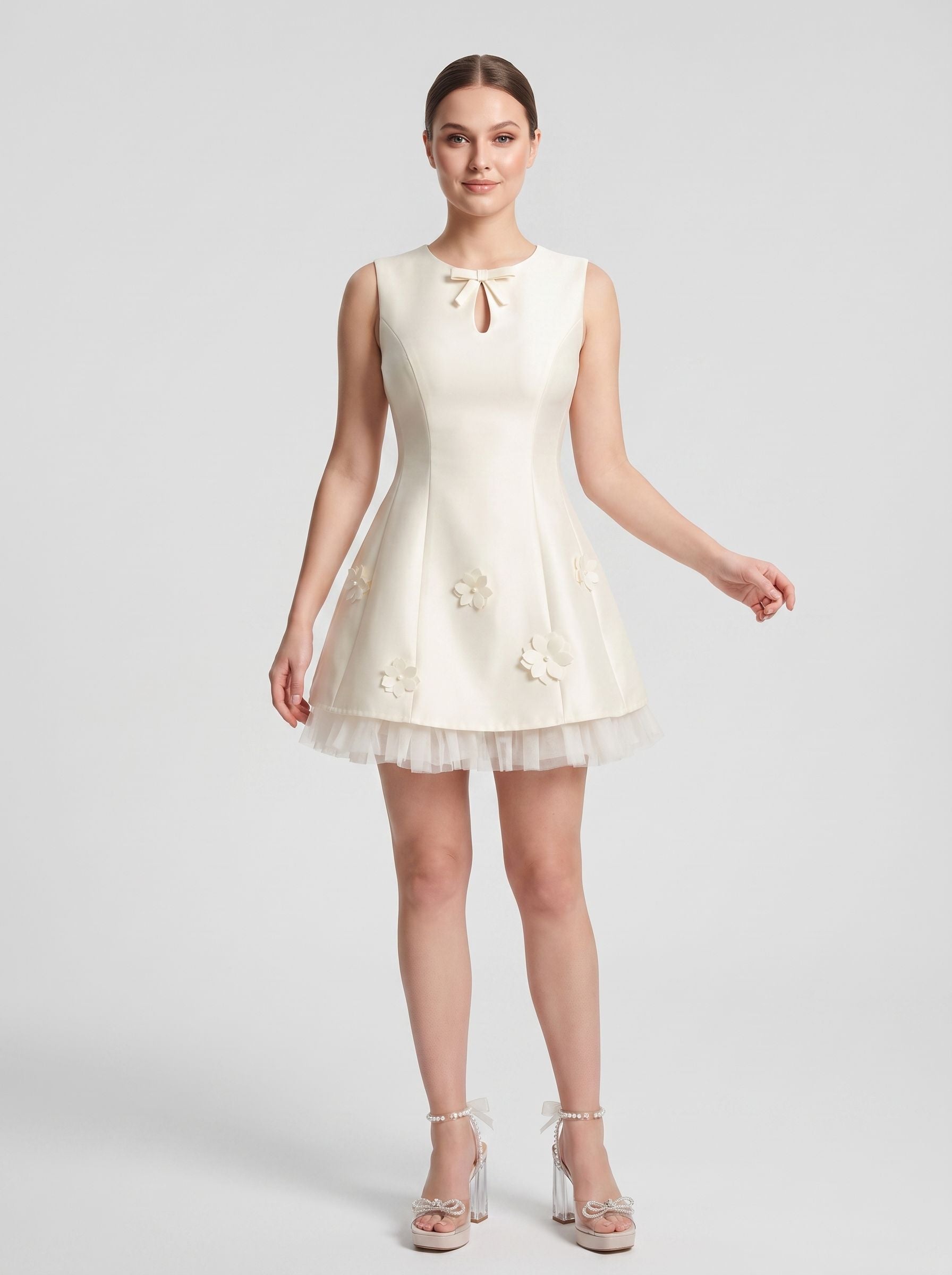 Ivory Satin Tulle A-Line Scoop Neck Back Zip Short Dress with Floral Appliques