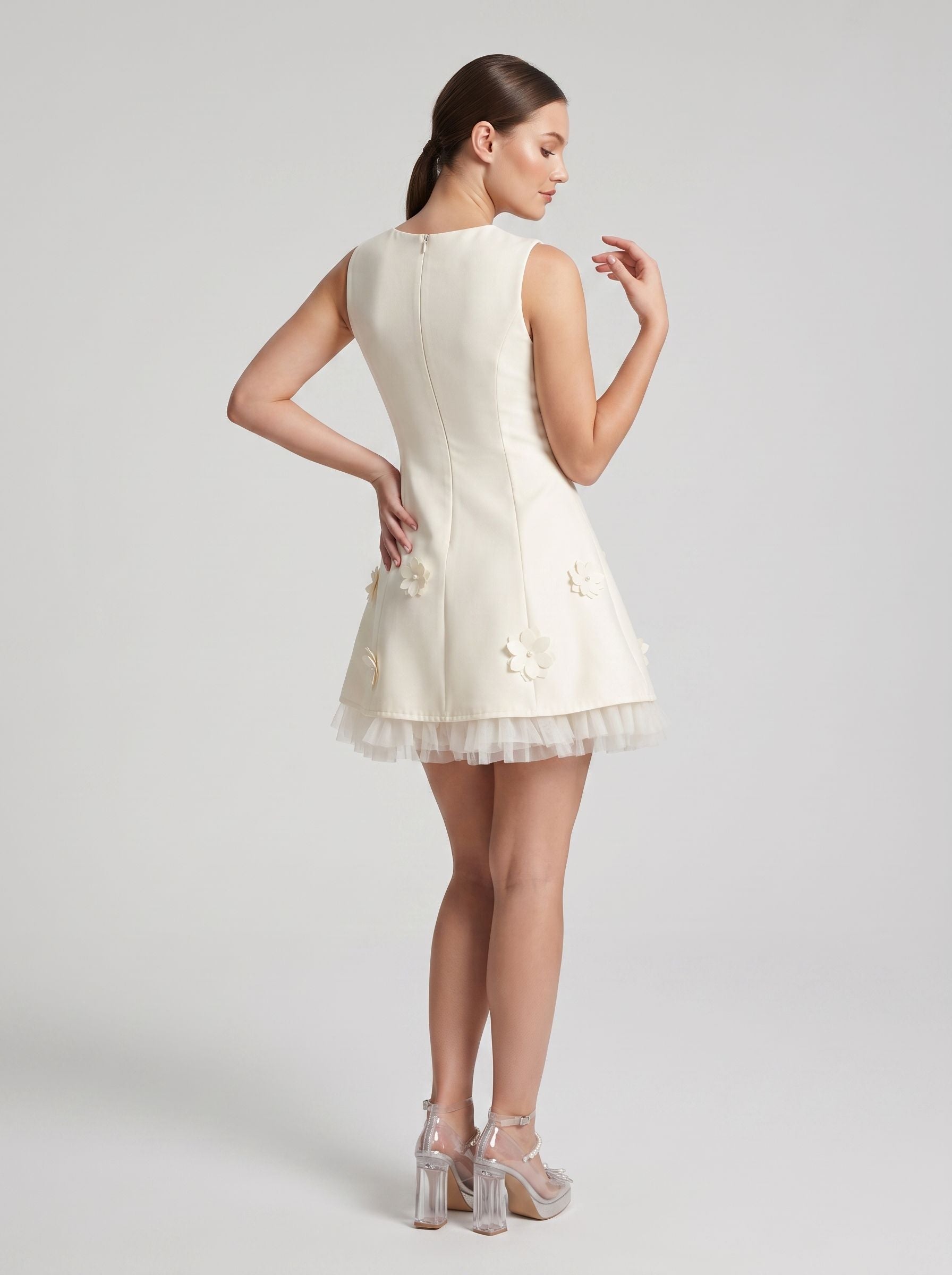 Ivory Satin Tulle A-Line Scoop Neck Back Zip Short Dress with Floral Appliques