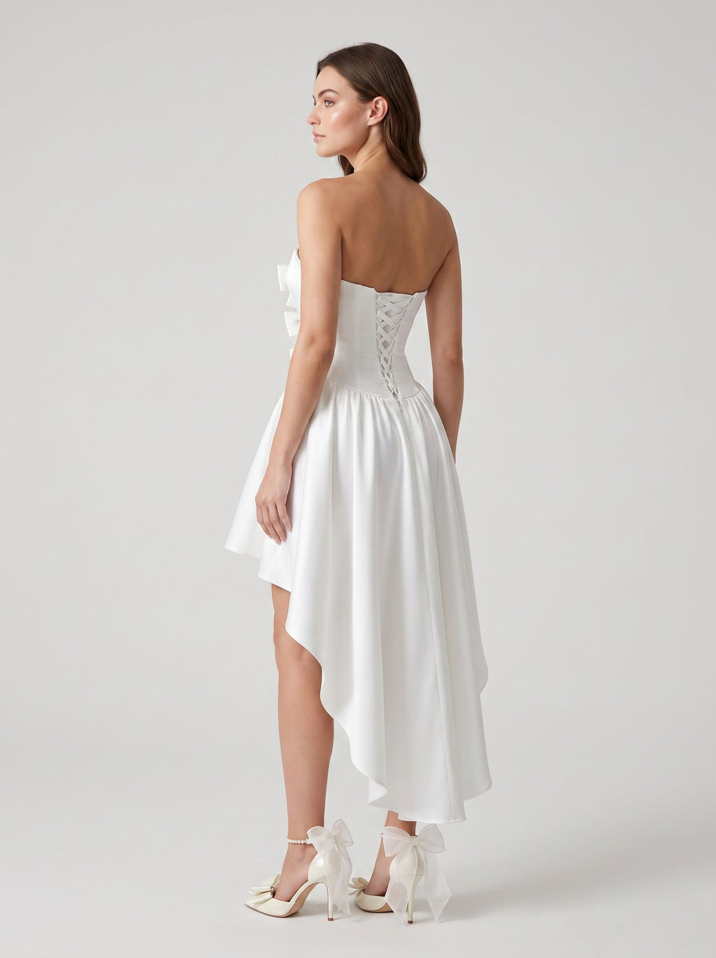 Ivory Satin A-Line Sweetheart Lace-up Asymmetrical Dress with a Bow