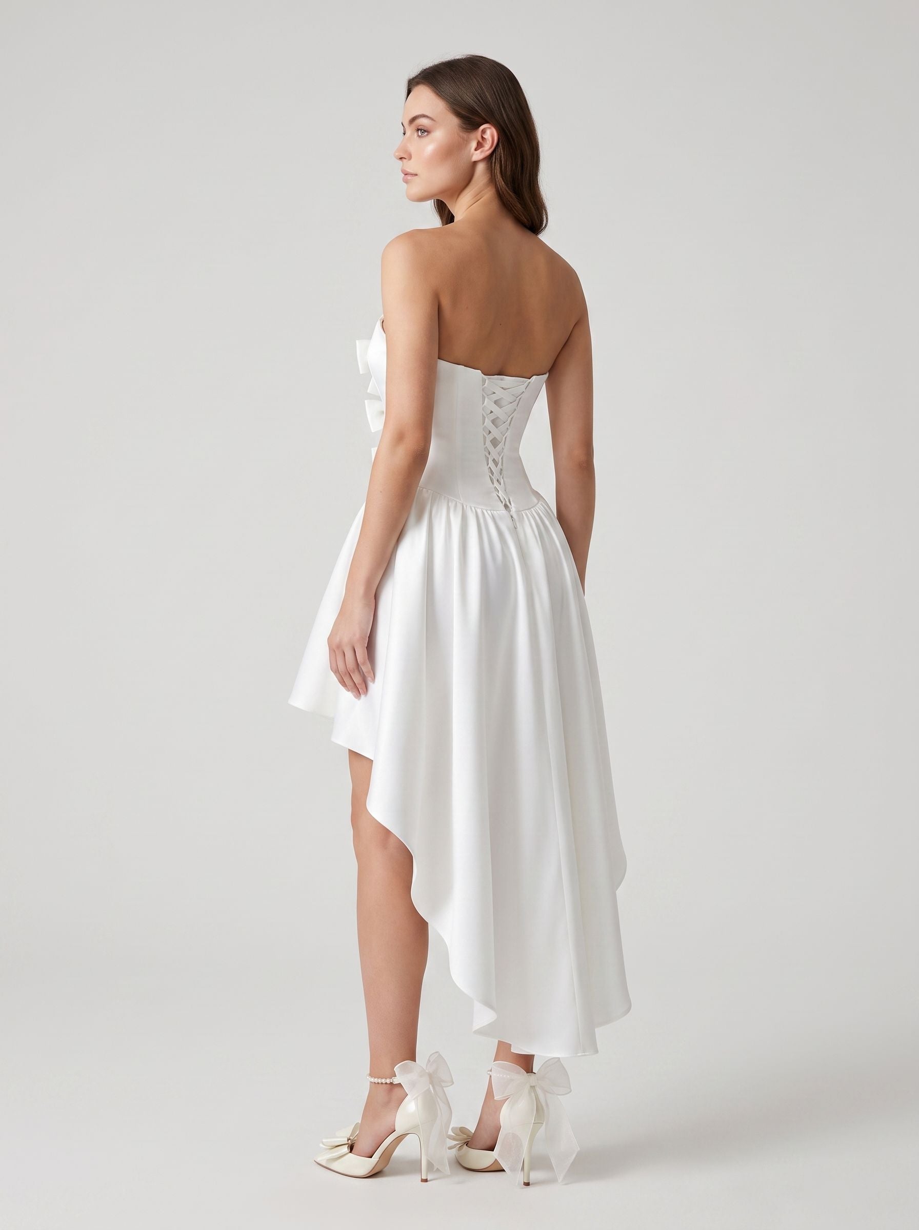 Ivory Satin A-Line Sweetheart Lace-up Asymmetrical Dress with a Bow