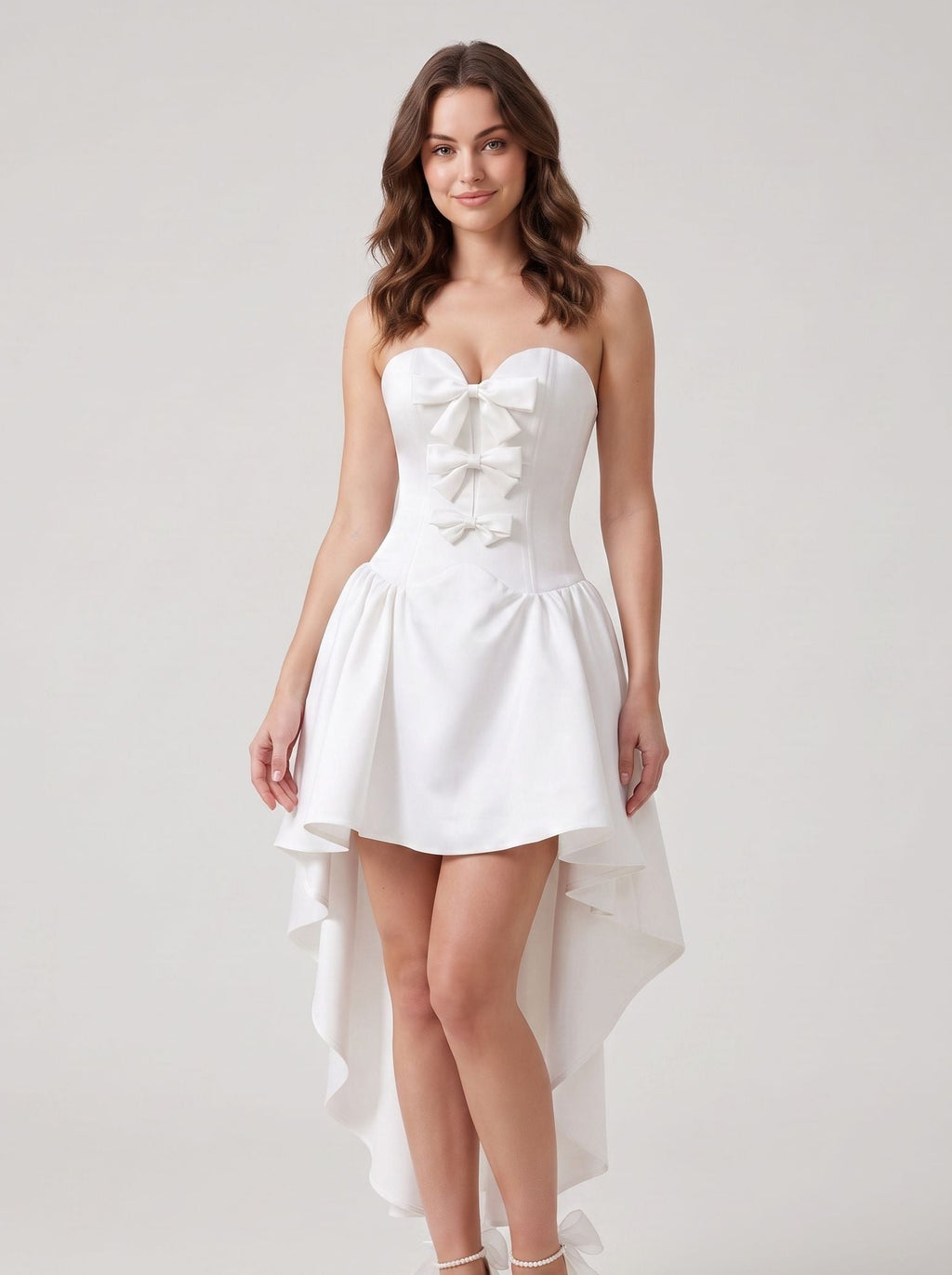 Ivory Satin A-Line Sweetheart Lace-up Asymmetrical Dress with a Bow