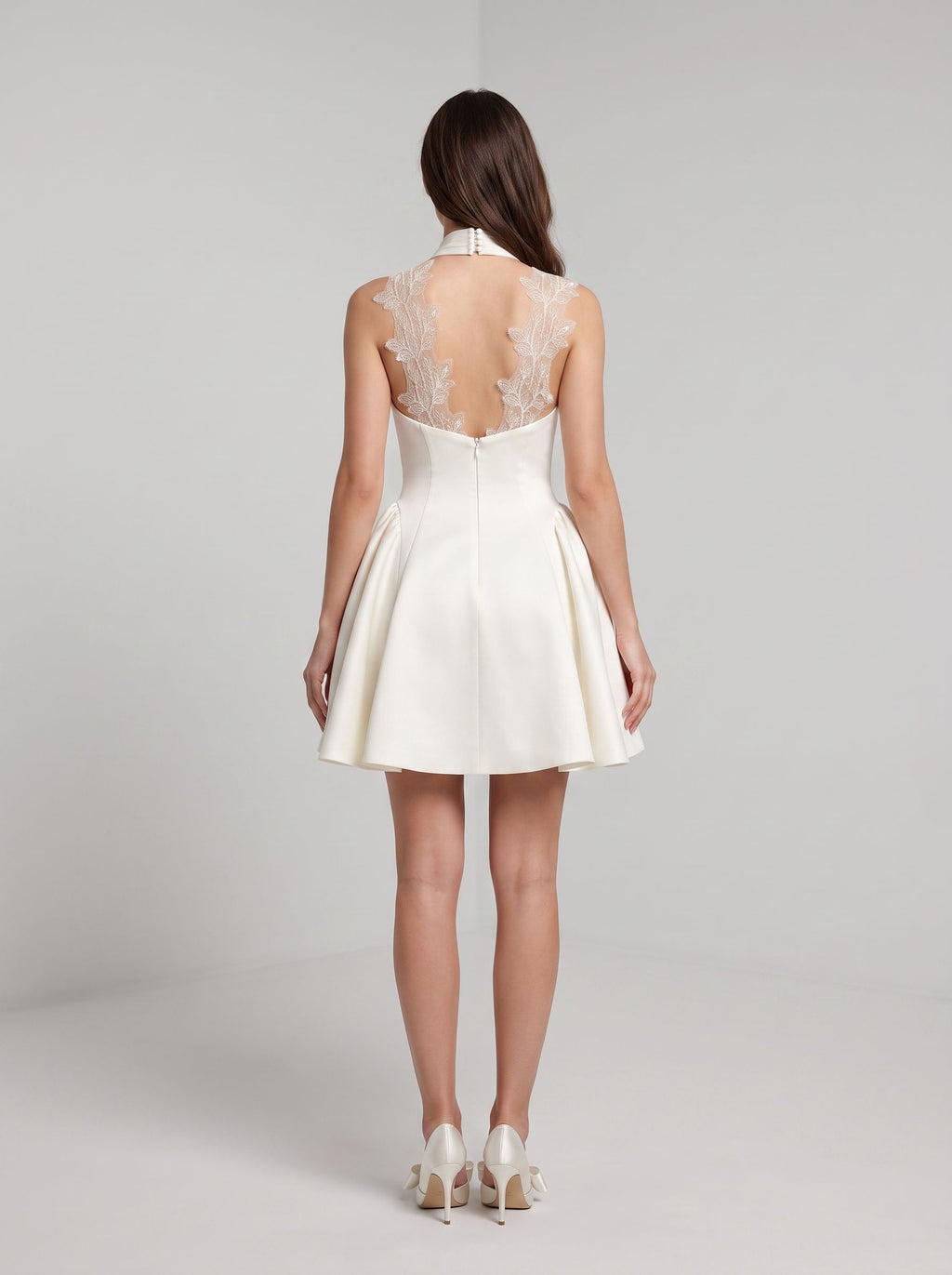 Ivory Satin A-Line Halter Neckline Back Zip Short Dress with Lace Bodice